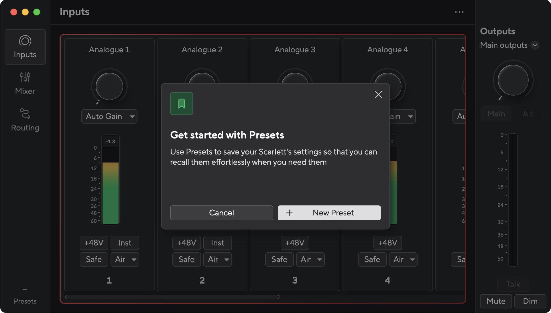 A screenshot of Focusrite Control 2 with the Get started with Presets pop-up box open.