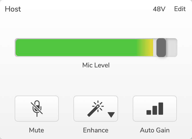 Vocaster Hub's Host input panel with the level meter lit.