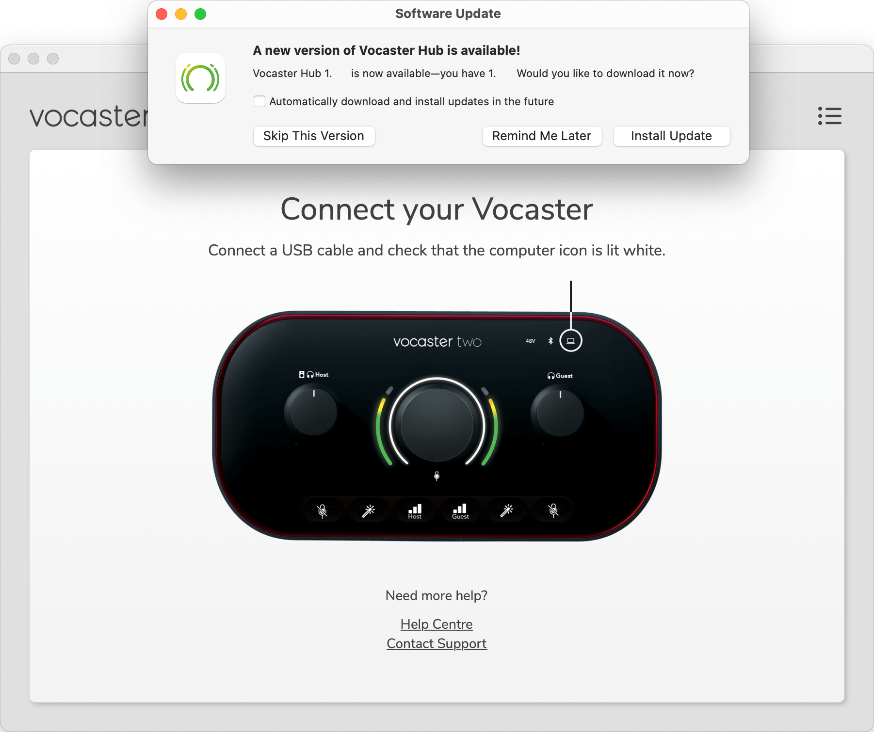 Vocaster Hub's Software Update dialogue prompt.