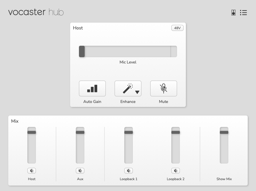 Vocaster Hub's default layout for Vocaster One.