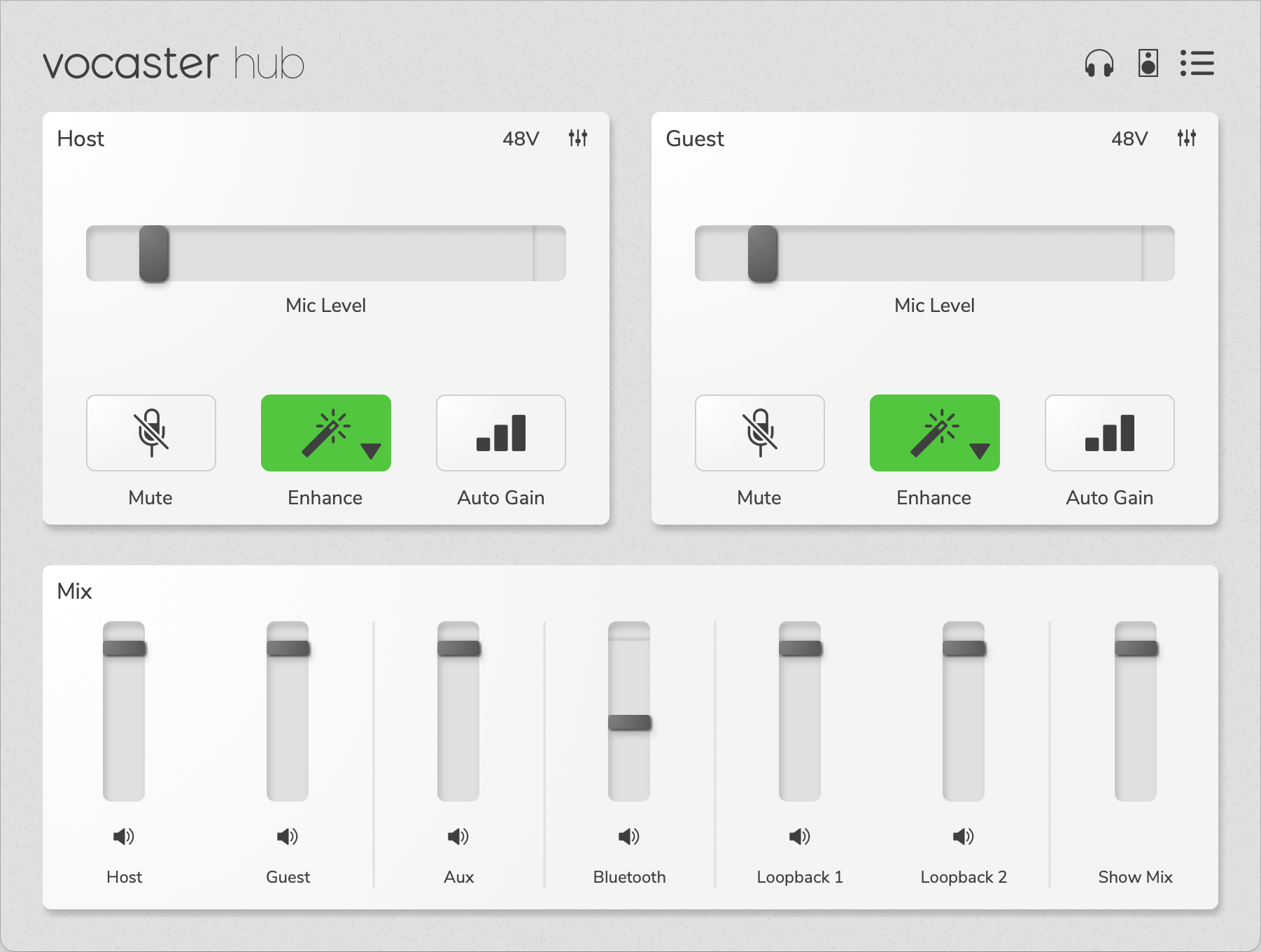 Vocaster Hub's default layout for Vocaster Two.