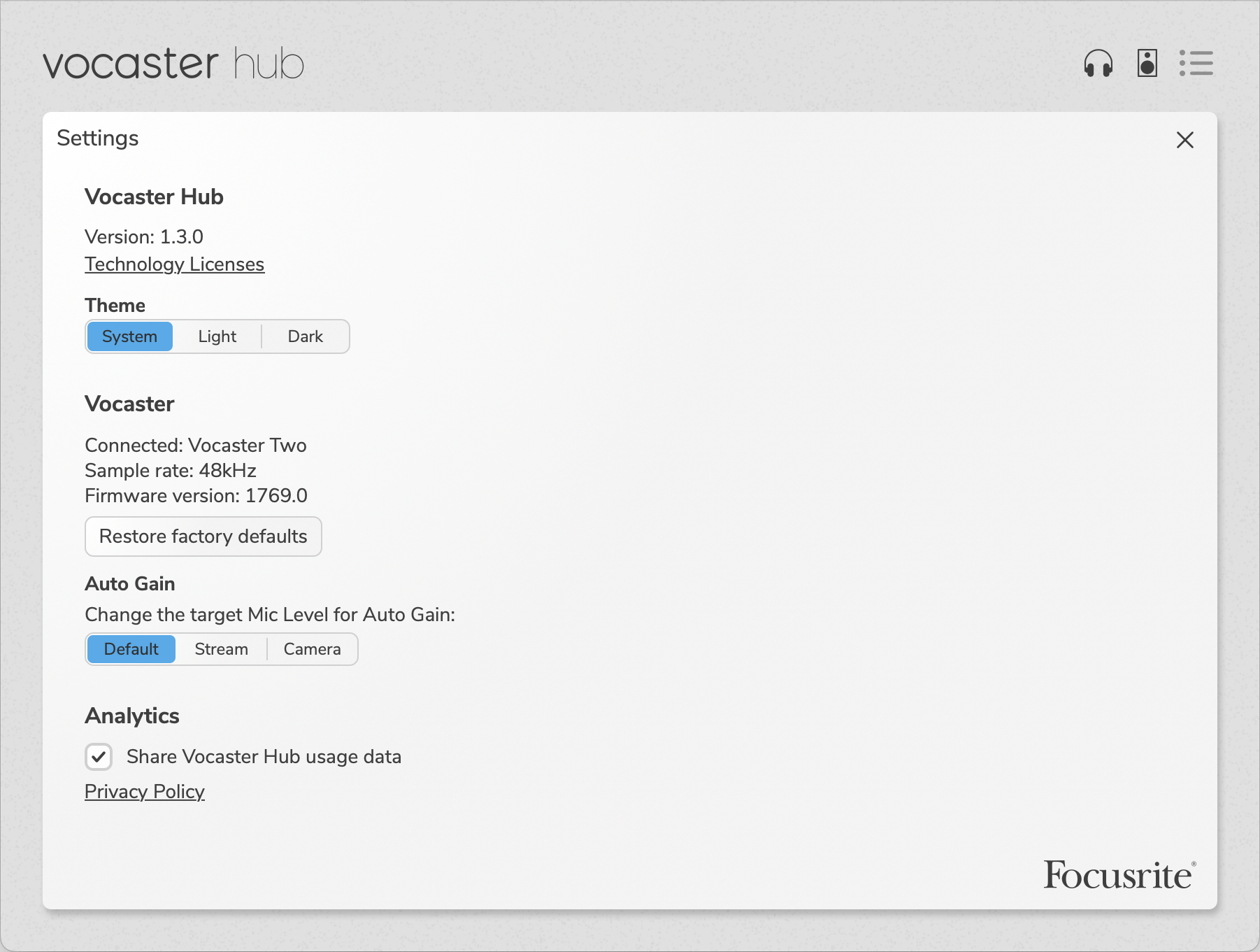 Vocaster Hub's Settings page.