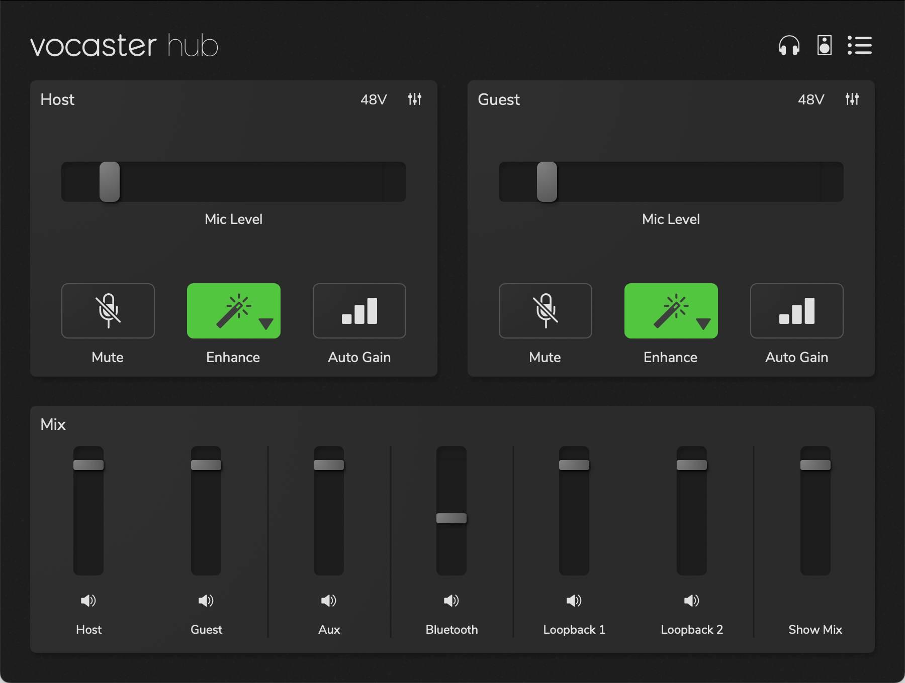Vocaster Hub's Default view for Vocaster Two in dark mode.