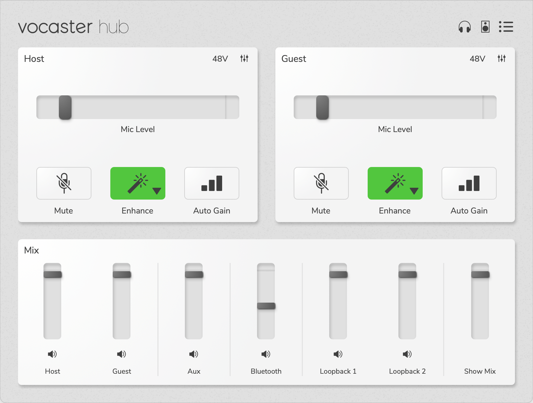 Vocaster Hub's Default view for Vocaster Two in light mode.
