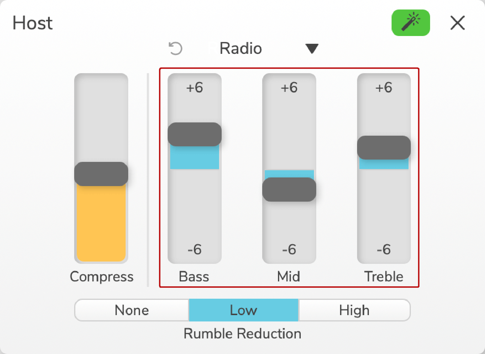 Vocaster Hub's Enhance input panel with the EQ sliders annotated.