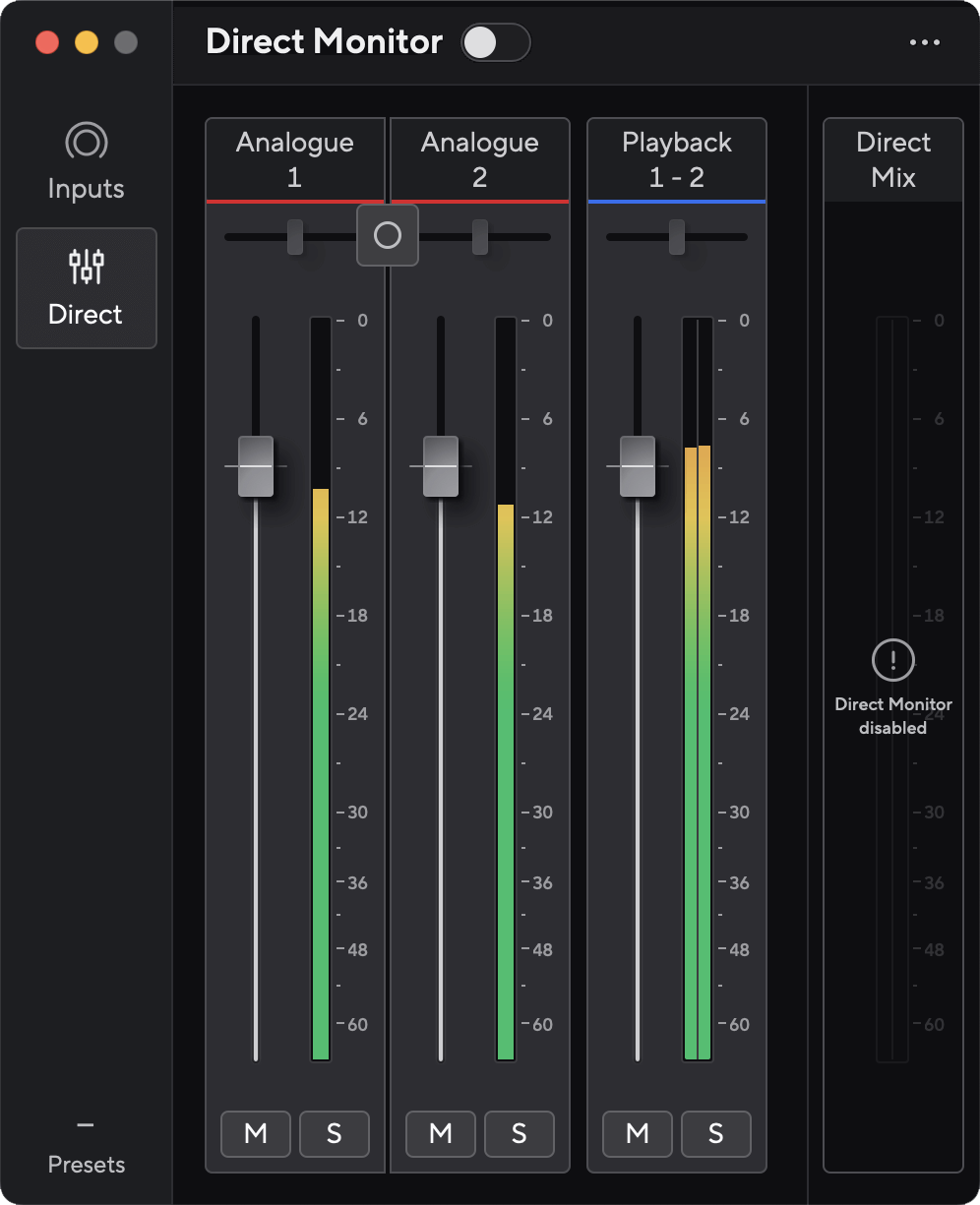 Focusrite Control 2 for the Scarlett 2i2 4th Gen with the Direct Monitor switch at the top of the window off.