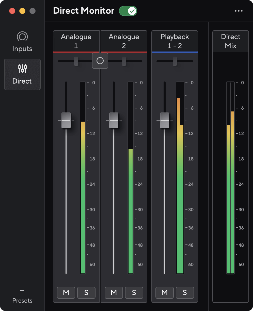 Focusrite Control 2 for the Scarlett 2i2 4th Gen with the Direct Monitor switch at the top of the window enabled.