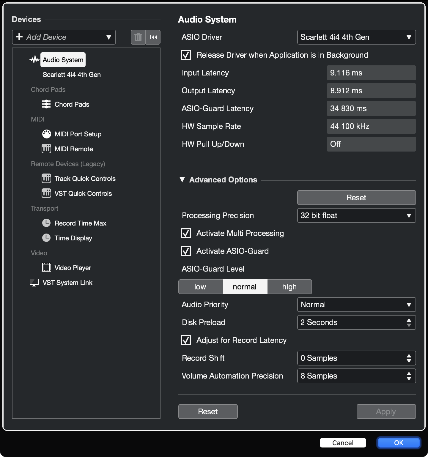 A screenshot of Cubase's Studio Setup window with Scarlett 4i4 4th Gen selected as the ASIO Driver.