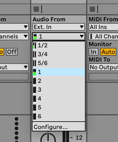 Ableton's 'Audio From' showing all six of the 4i4's inputs with input signal on channel 1.