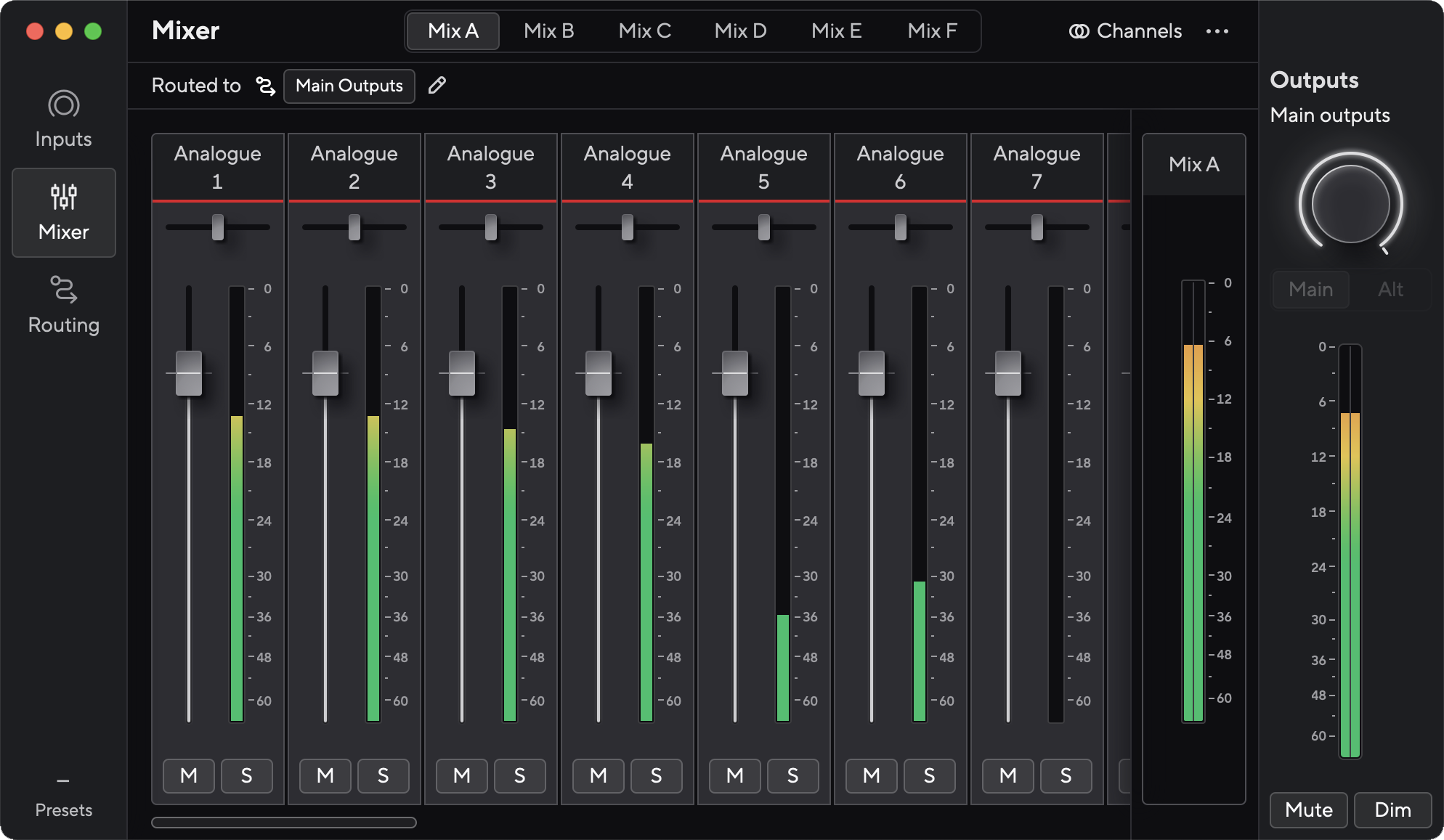 A screenshot of Focusrite Control 2's mixer for the Scarlett 18i16.