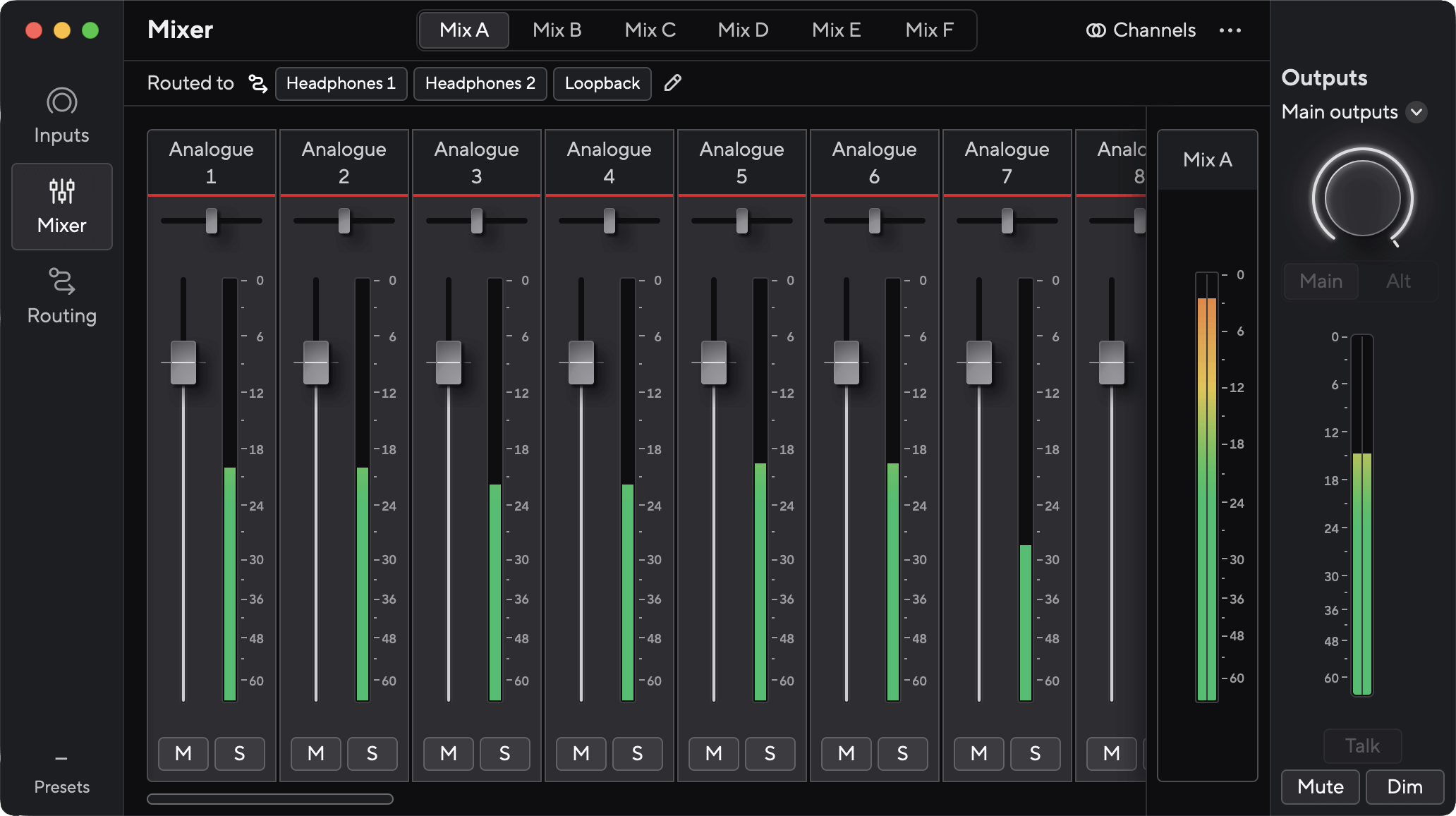 A screenshot of Focusrite Control 2's mixer for the Scarlett 18i20.