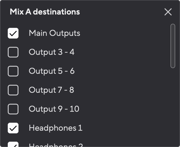 A screenshot of the Mix destinations dropdown in Focusrite Control 2.