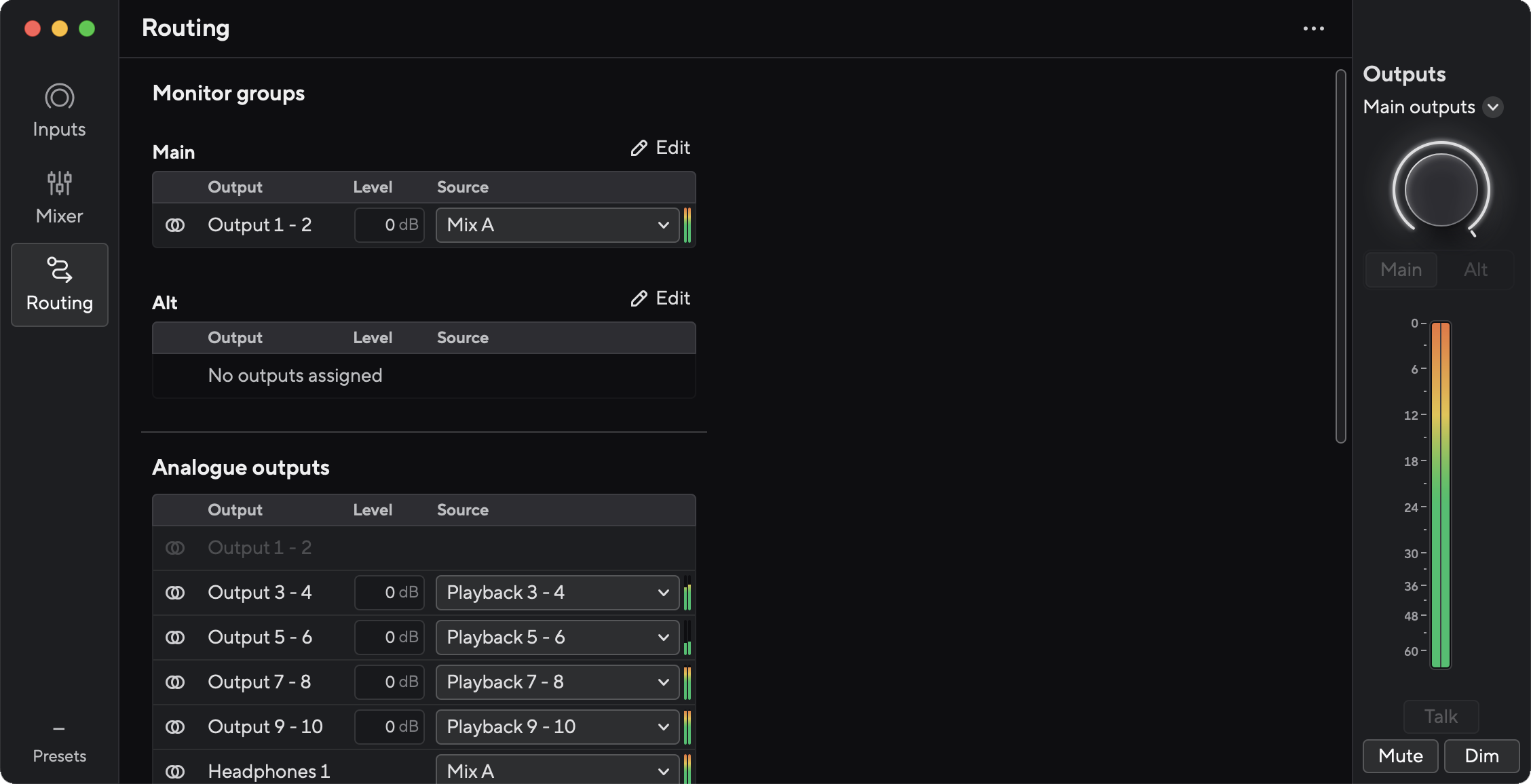 A screenshot of Focusrite Control's Routing tab with the Scarlett 18i20 connected.