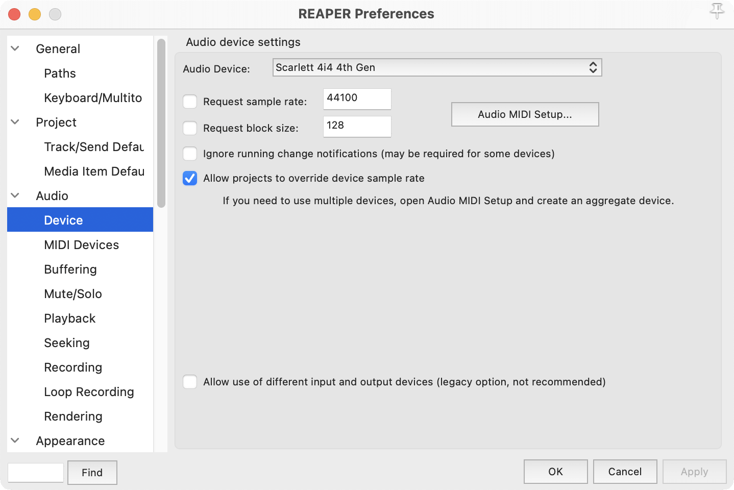 A screenshot of Reaper's audio preferences with Scarlett 4i4 4th Gen selected.