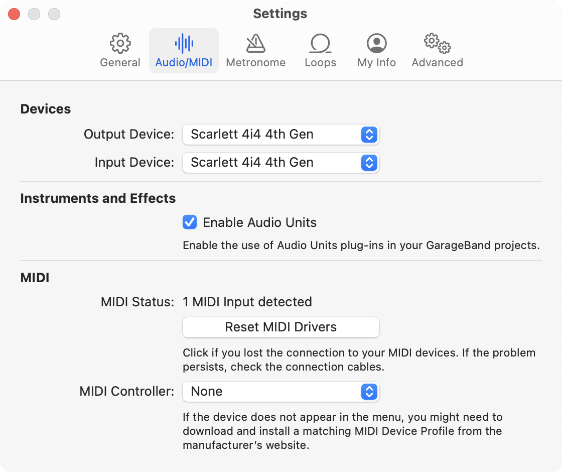 A screenshot of GarageBand's audio settings with Scarlett 4i4 4th Gen selected as the Output and Input device.