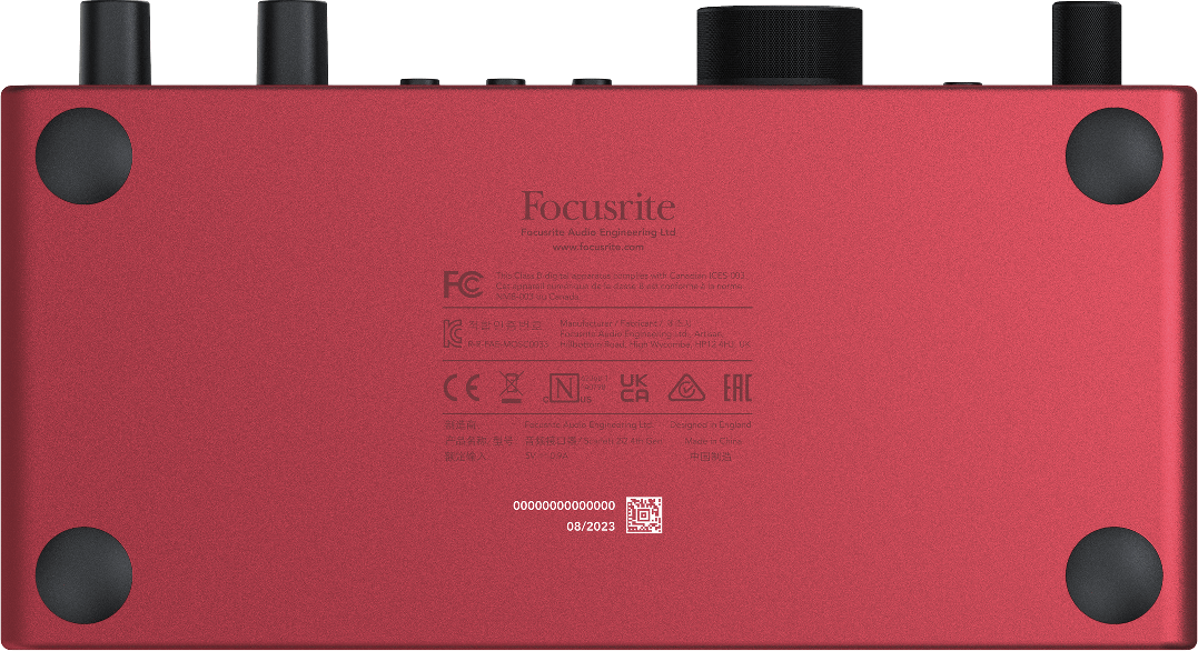 The underside of a Scarlett shows the etched Serial number in white.