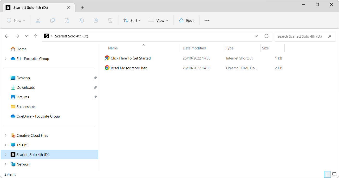 A screenshot of the Scarlett Solo's MSD mode in Windows File Explorer.