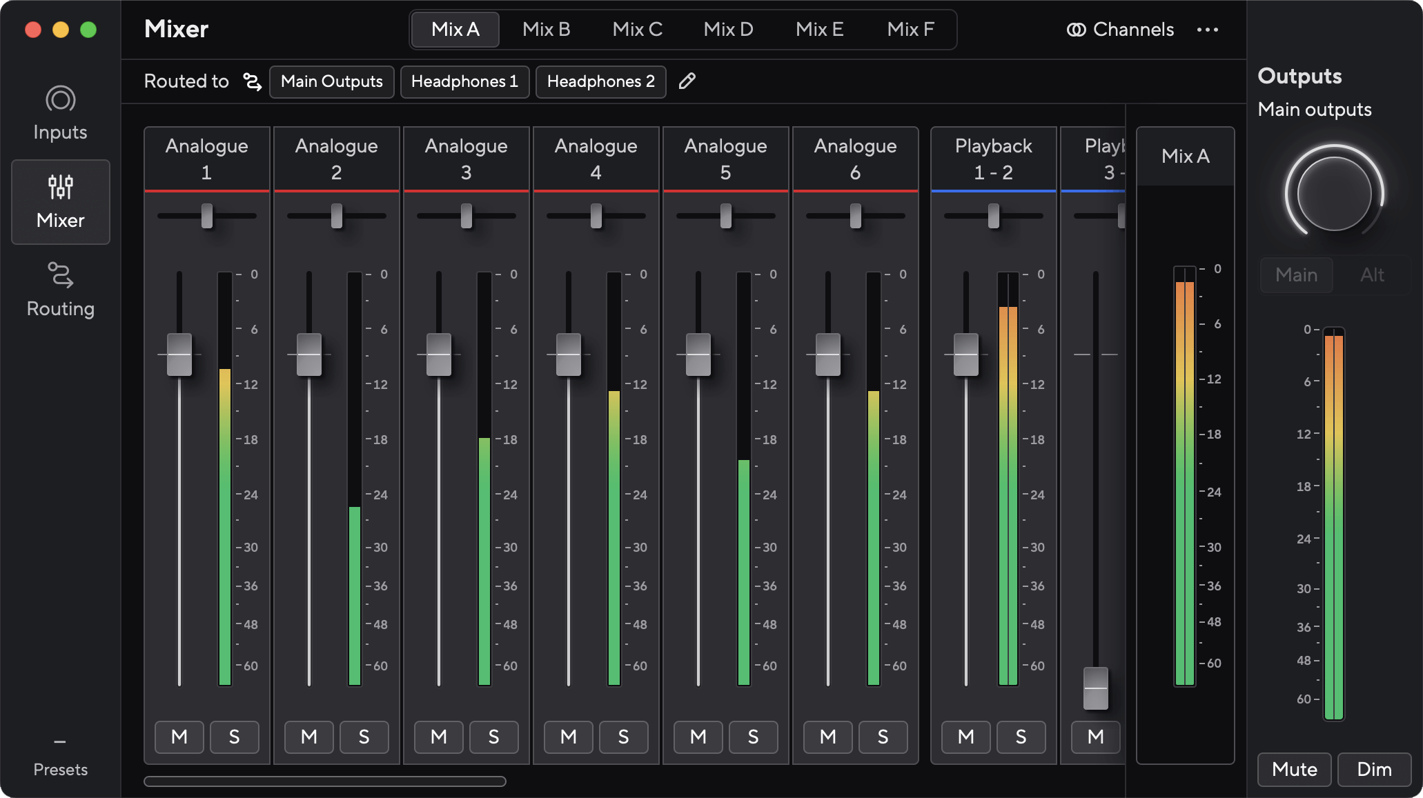A screenshot of Focusrite Control 2's mixer for the Scarlett 16i16.