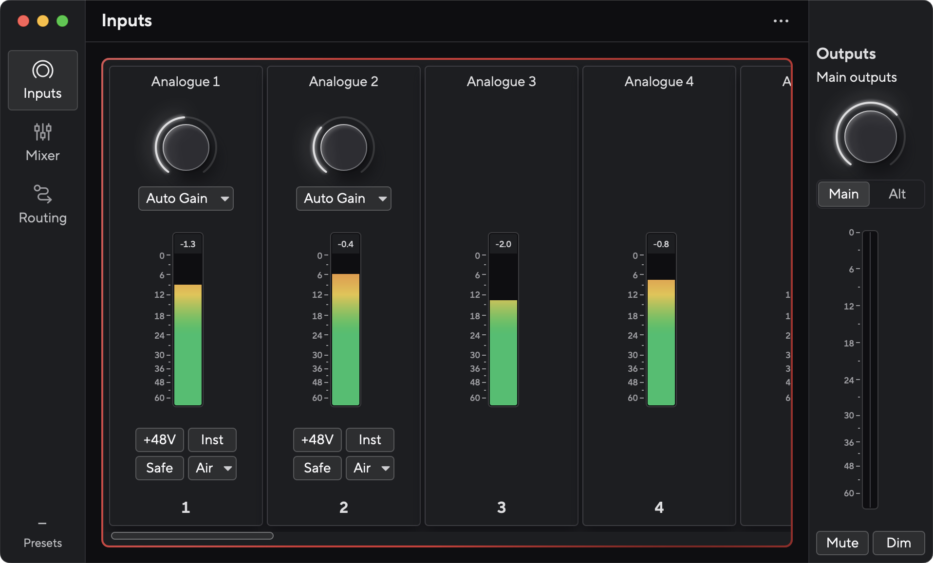 The default view in Focusrite Control 2 when you first connect your Scarlett 16i16.