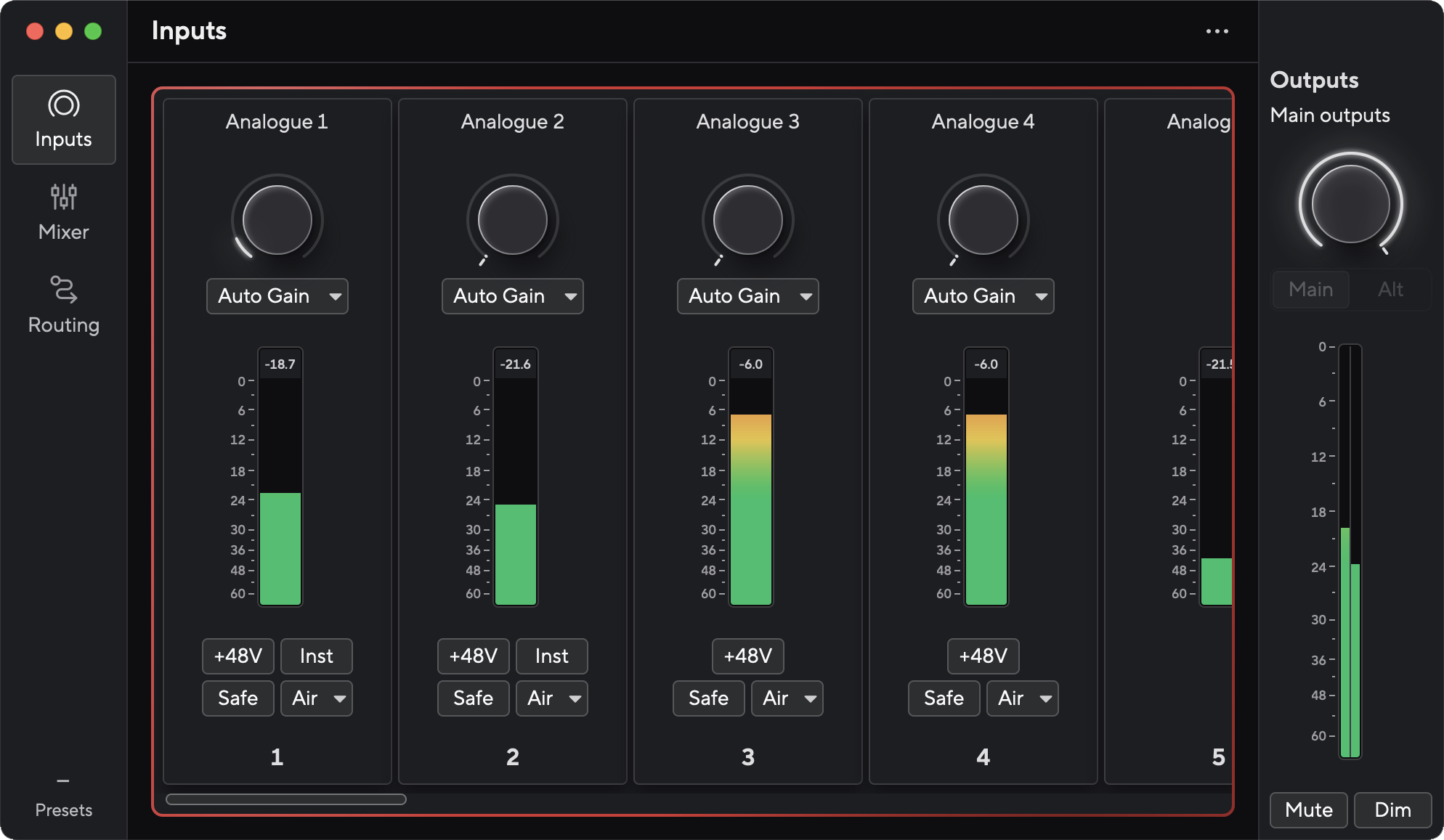 The default view in Focusrite Control 2 when you first connect your Scarlett 18i16.