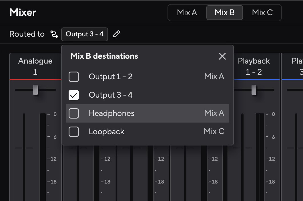A screenshot showing that the Headphones Output already has Mix B assigned to it.