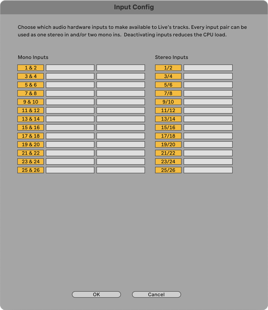 A screenshot of Ableton Live's Input Config page with the channels turned on.
