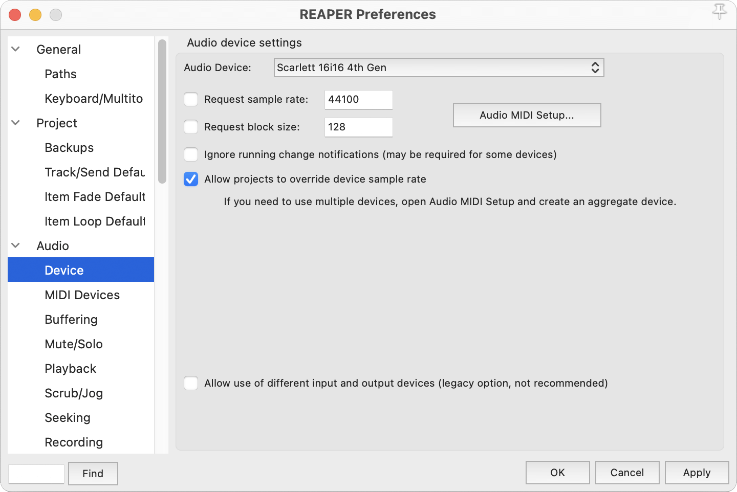 A screenshot of Reaper's audio preferences with Scarlett selected.