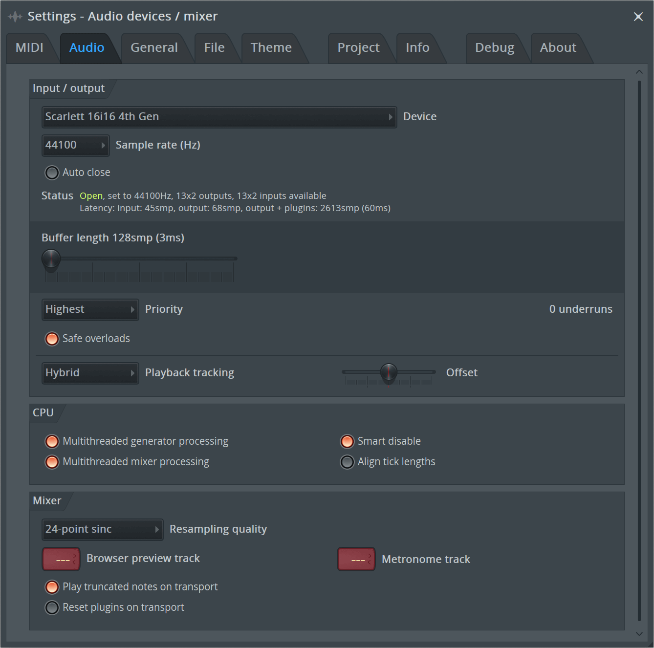 A screenshot of Fl Studio's Audio Settings window with the Scarlett selected as the Input/output device.