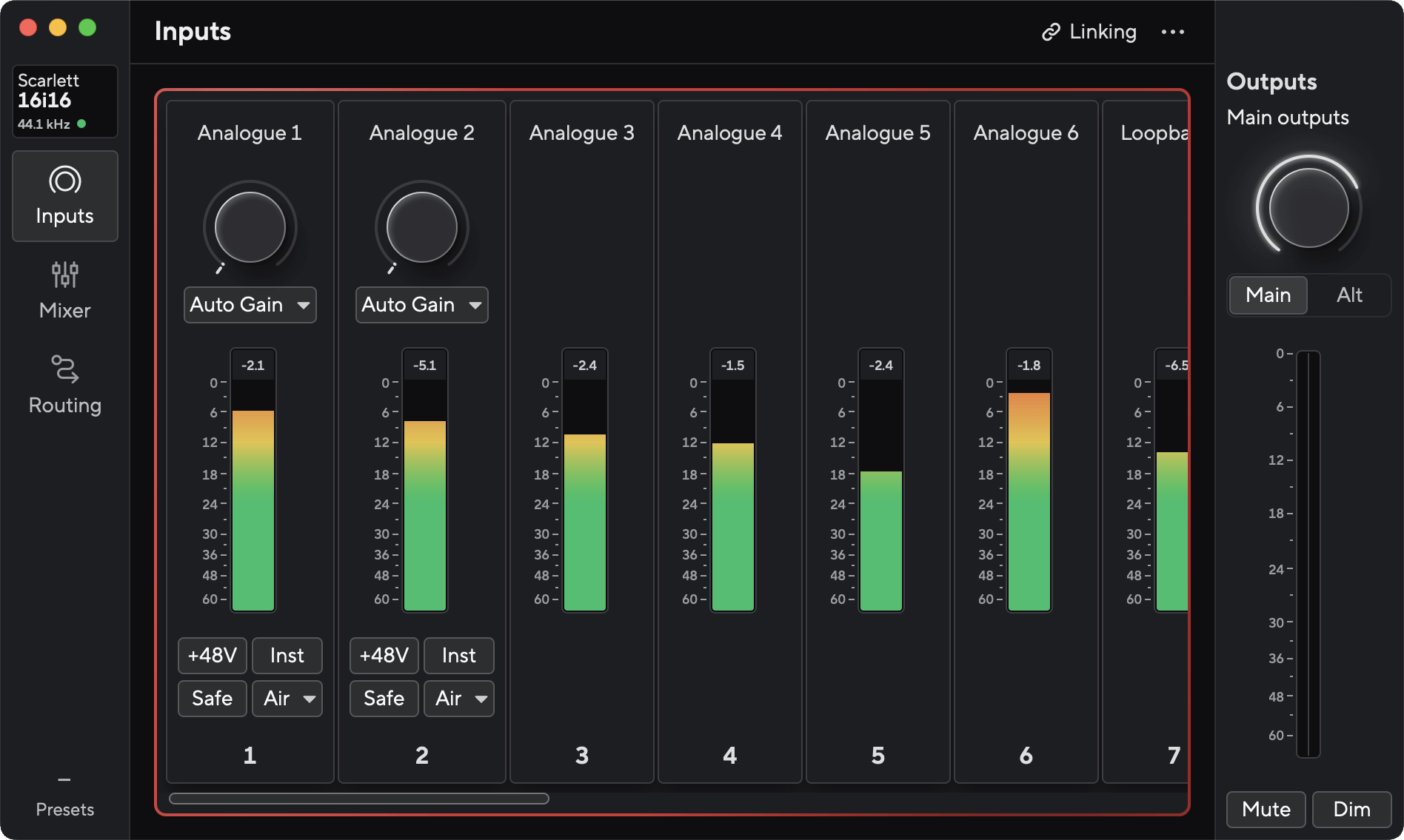 The default view in Focusrite Control 2 when you first connect your Scarlett 16i16.