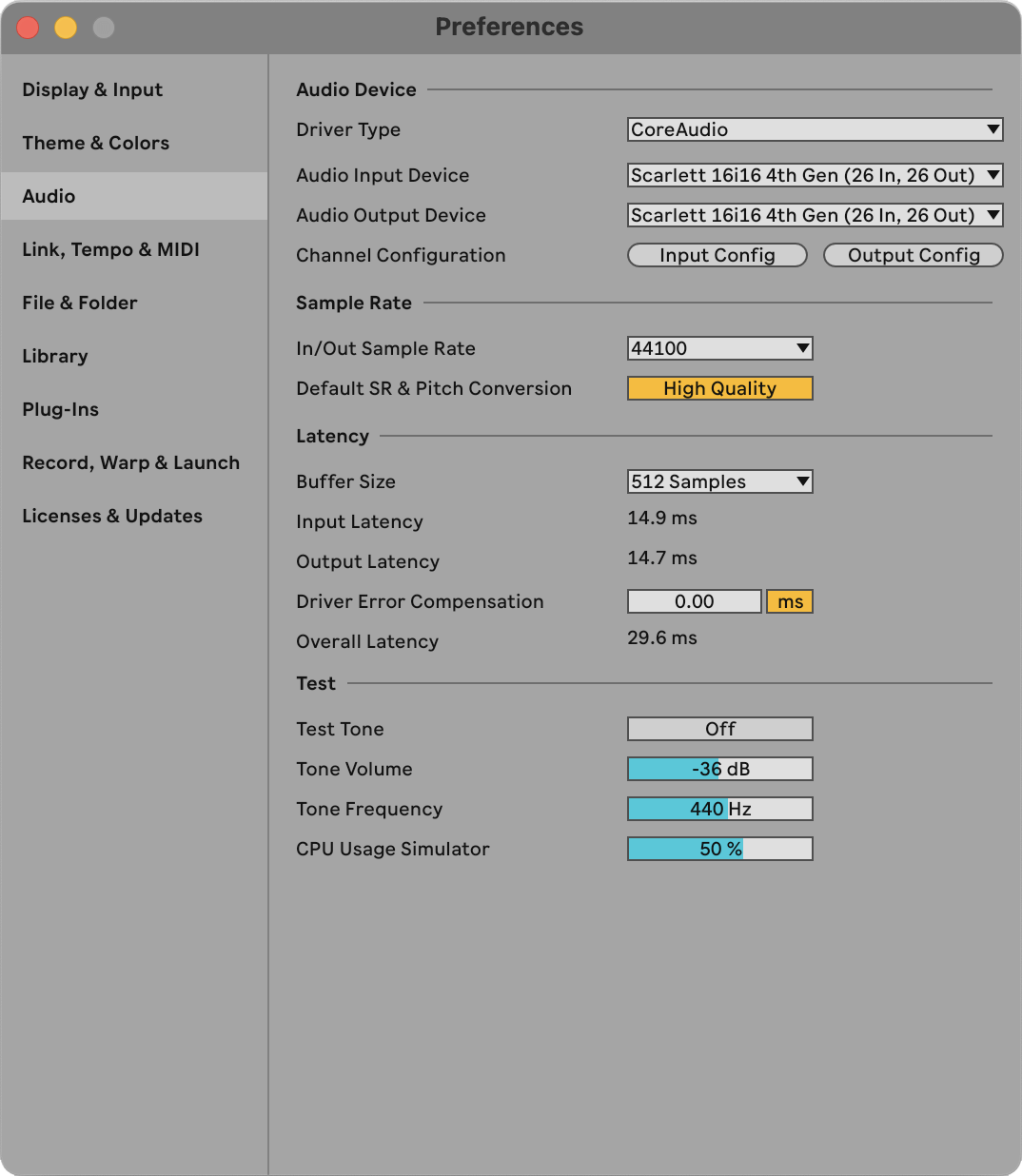 A screenshot of Ableton Live's preferences page with the Scarlett set as the Audio Input and Audio Output Device.
