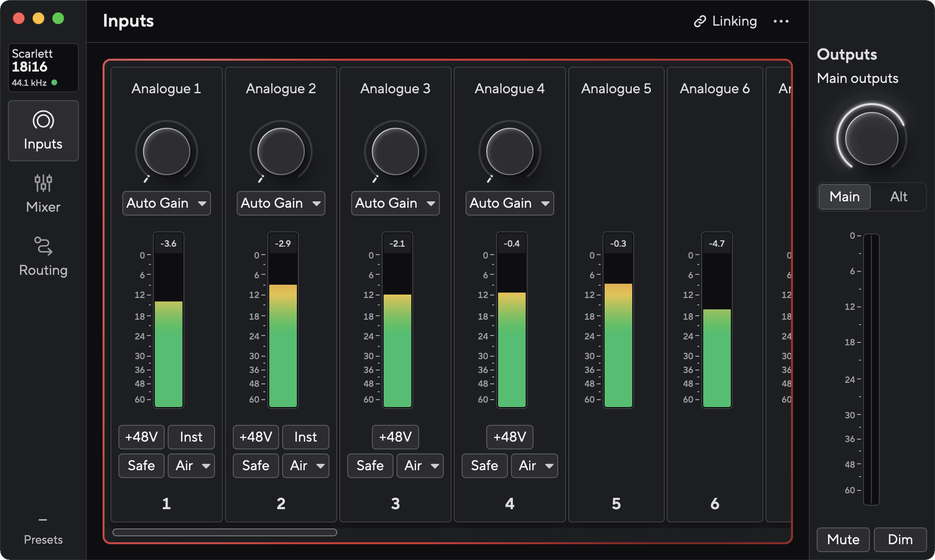The default view in Focusrite Control 2 when you first connect your Scarlett 18i16.