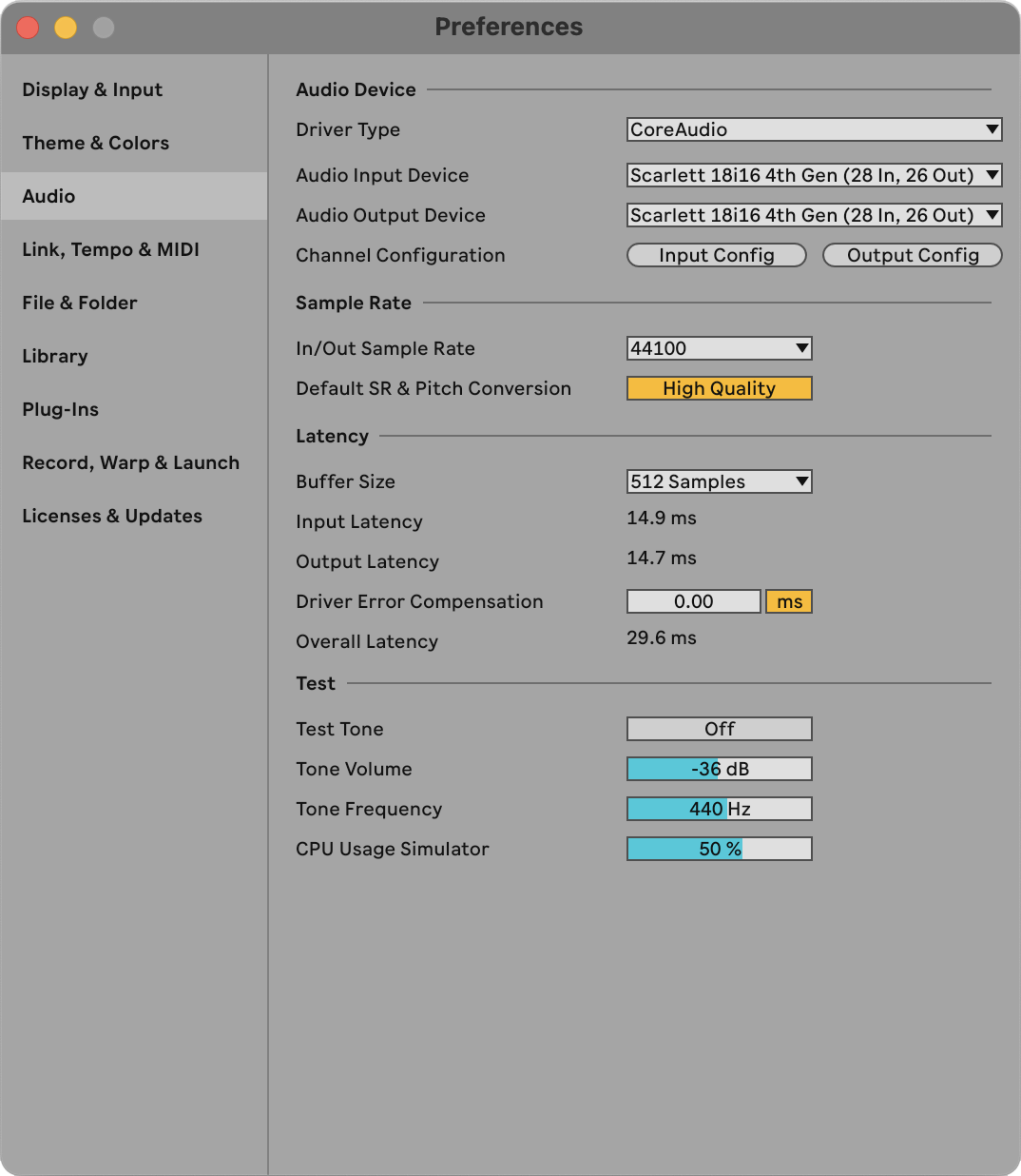 A screenshot of Ableton Live's preferences page with the Scarlett set as the Audio Input and Audio Output Device.