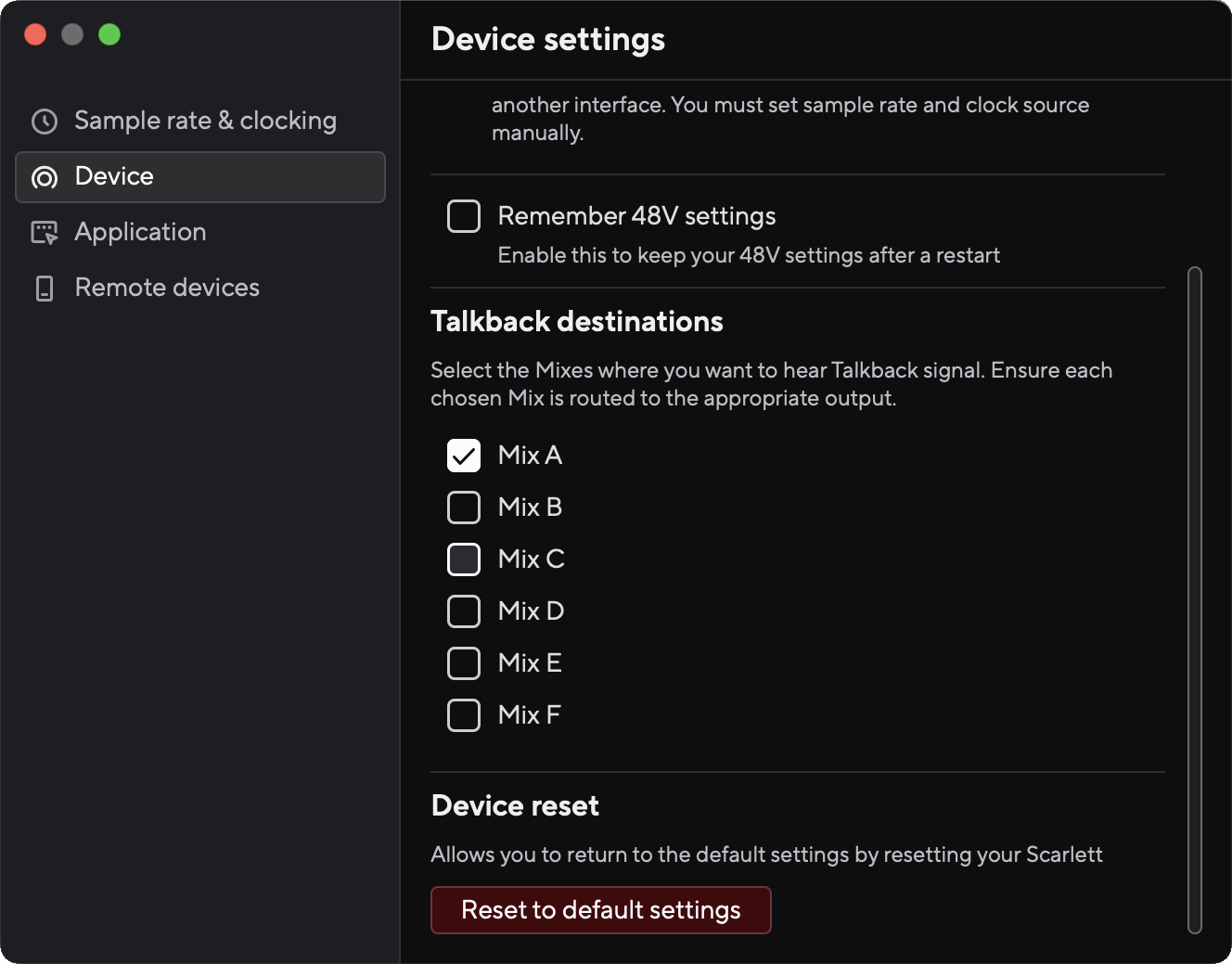 A screenshot Talkback destinations in Focusrite Control 2's settings tab.