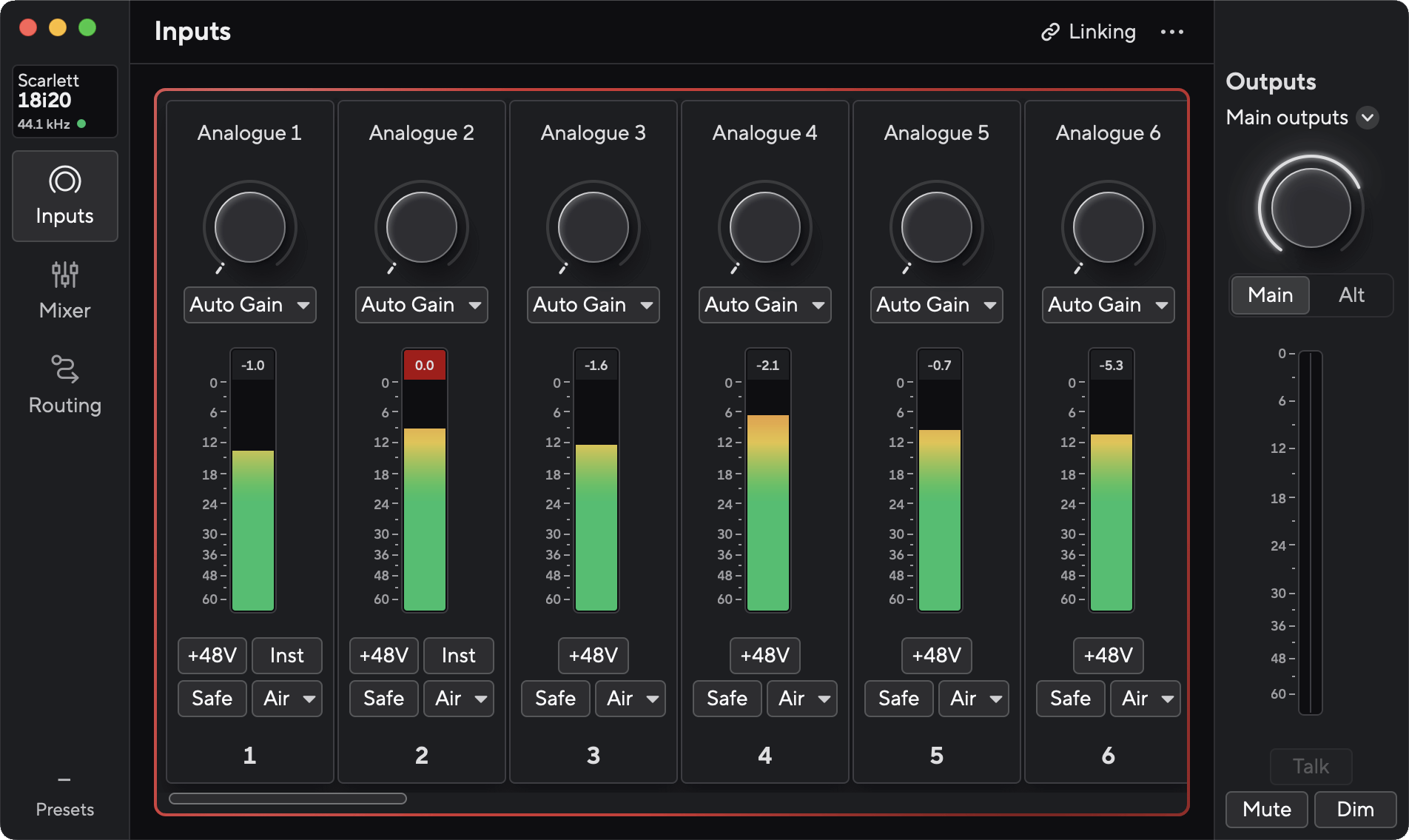 The default view in Focusrite Control 2 when you first connect your Scarlett 18i20.