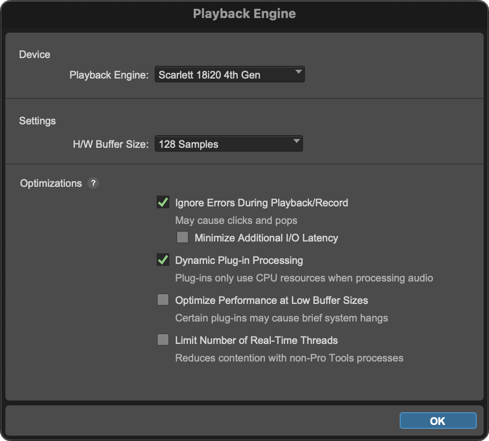 A screenshot of Pro Tool's Mac Playback Engine window with Scarlett selected.