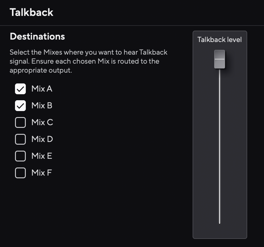 A screenshot Talkback destinations in Focusrite Control 2's settings tab.