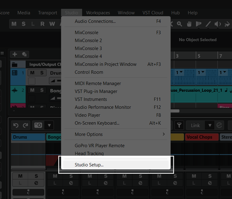 A screenshot of Cubase's Studio menu with Studio Setup… selected.