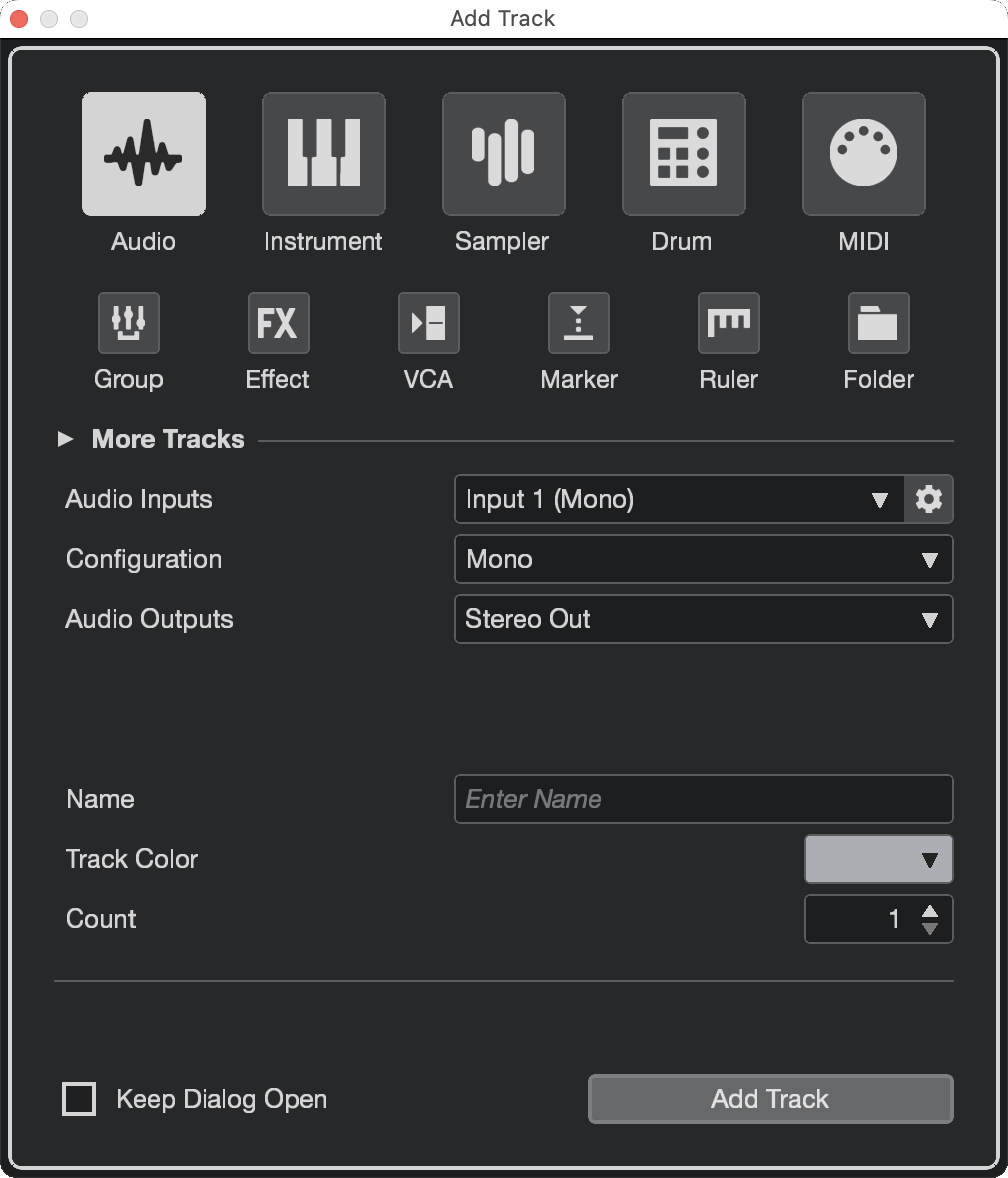A screenshot of Cubase's Add Track dialogue window.