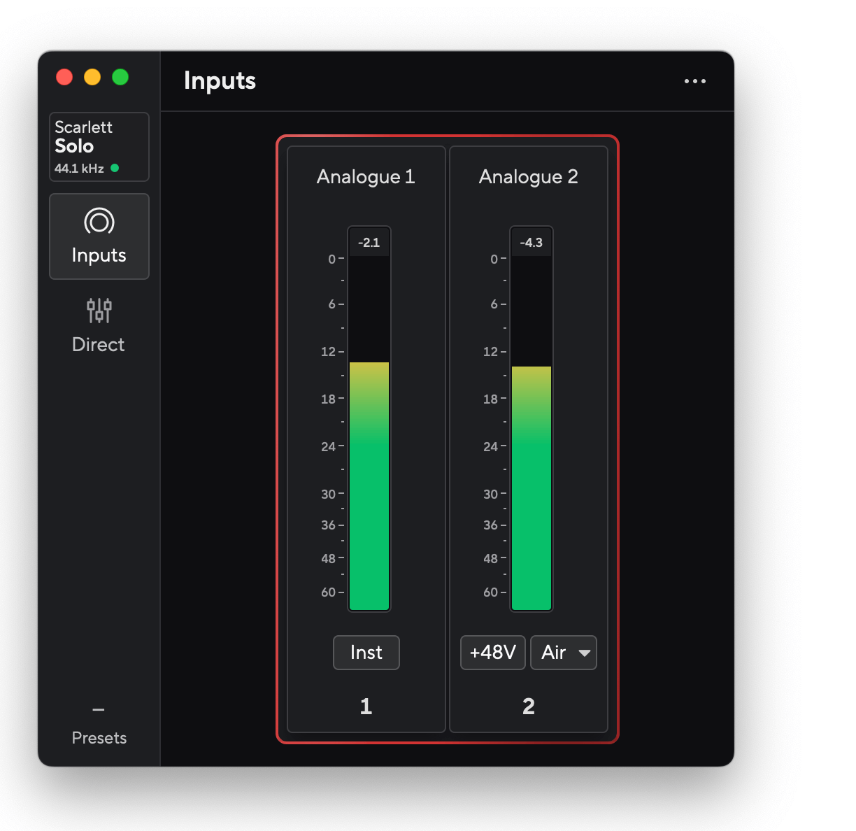A screenshot of Focusrite Control 2's default view for the Scarlett Solo.