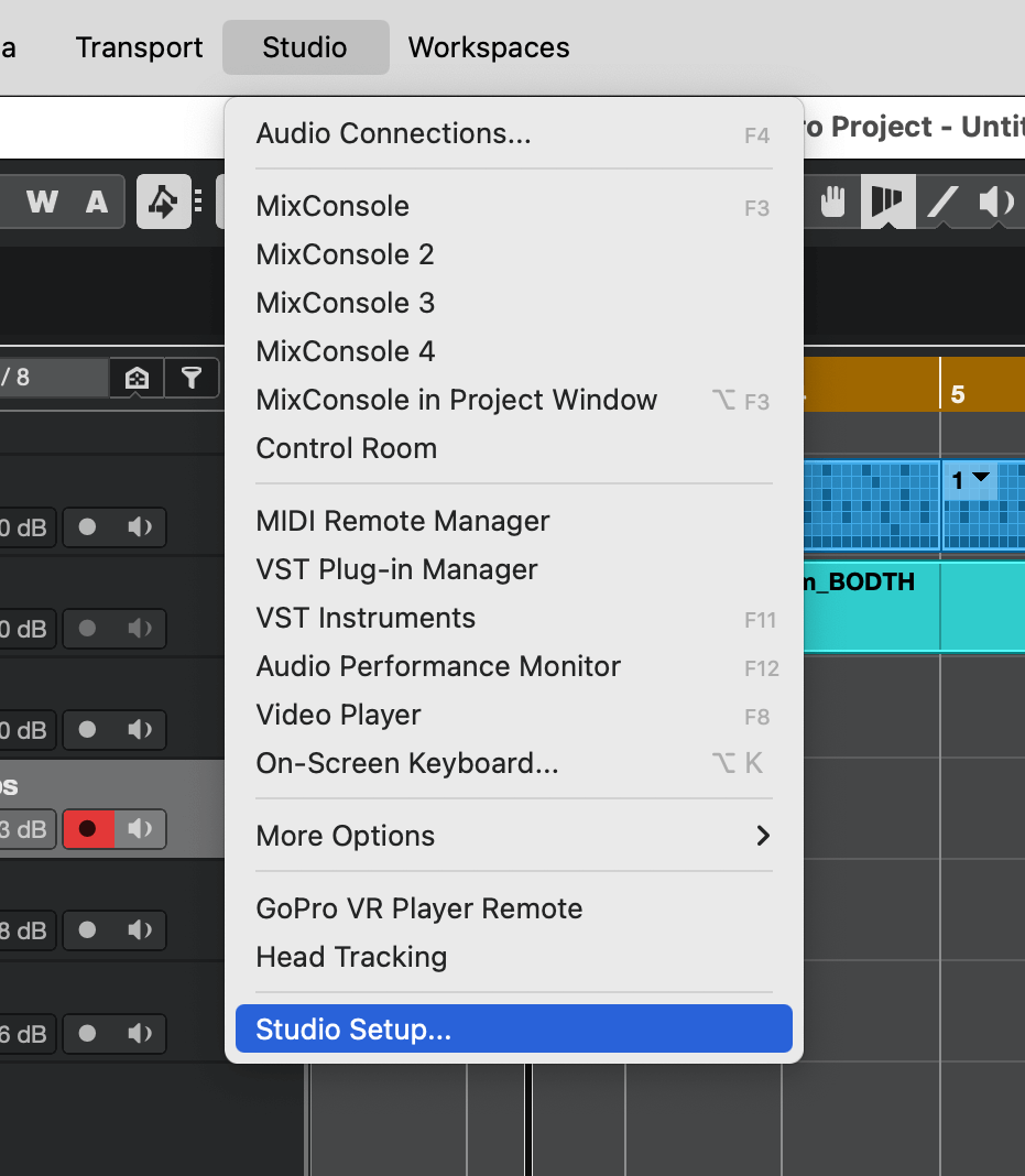 A screenshot of Cubase's Studio menu with Studio Setup… highlighted.