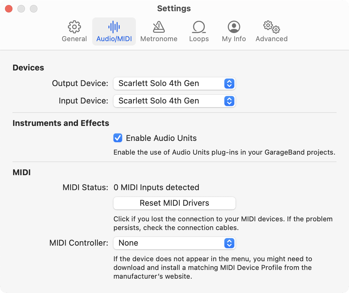 A screenshot of GarageBand's audio settings with Scarlett Solo 4th Gen selected as the Output and Input device.