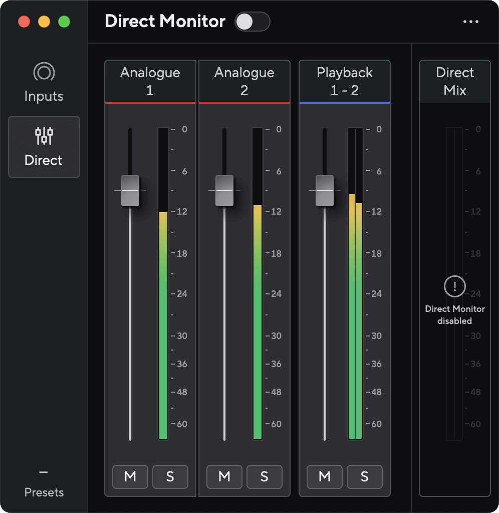 Focusrite Control 2 for the Scarlett 4th Gen with the Direct Monitor switch at the top of the window off.