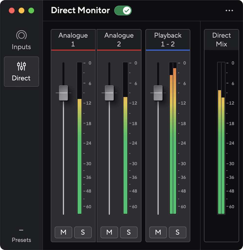 Focusrite Control 2 for the Scarlett 4th Gen with the Direct Monitor switch at the top of the window on.