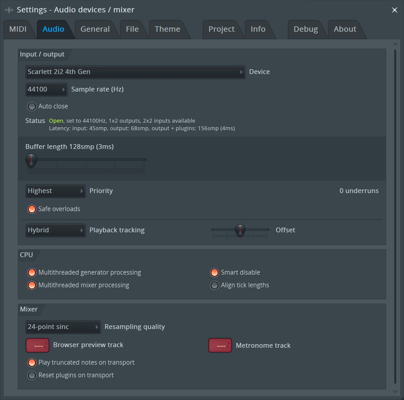 A screenshot of Fl Studio's Audio devices page with the input / output device set to Scarlett 2i2 4th Gen