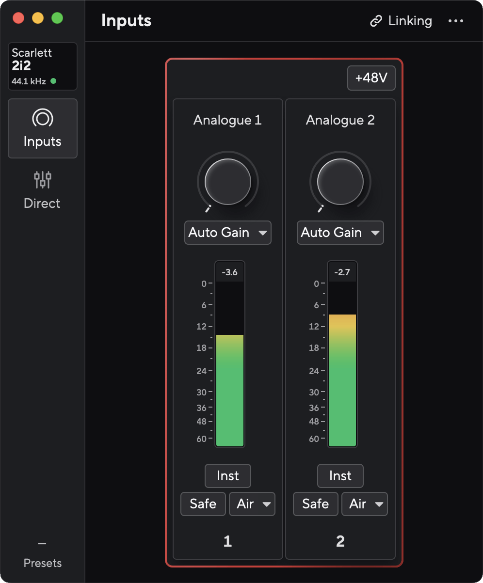 The default view in Focusrite Control 2 when you first connect your Scarlett 2i2.