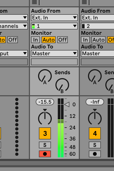 An Ableton track in session view showing the Record arm button enabled.