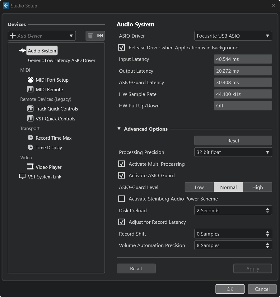 A screenshot of Cubase's Studio Setup window with Focusrite USB ASIO selected as the ASIO Driver.