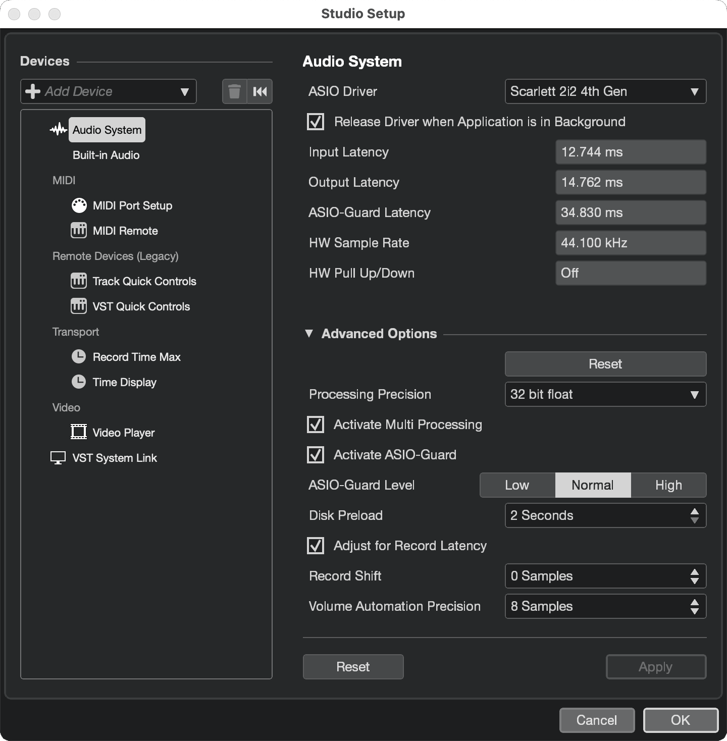 A screenshot of Cubase's Studio Setup window with Scarlett 2i2 4th Gen selected as the ASIO Driver.