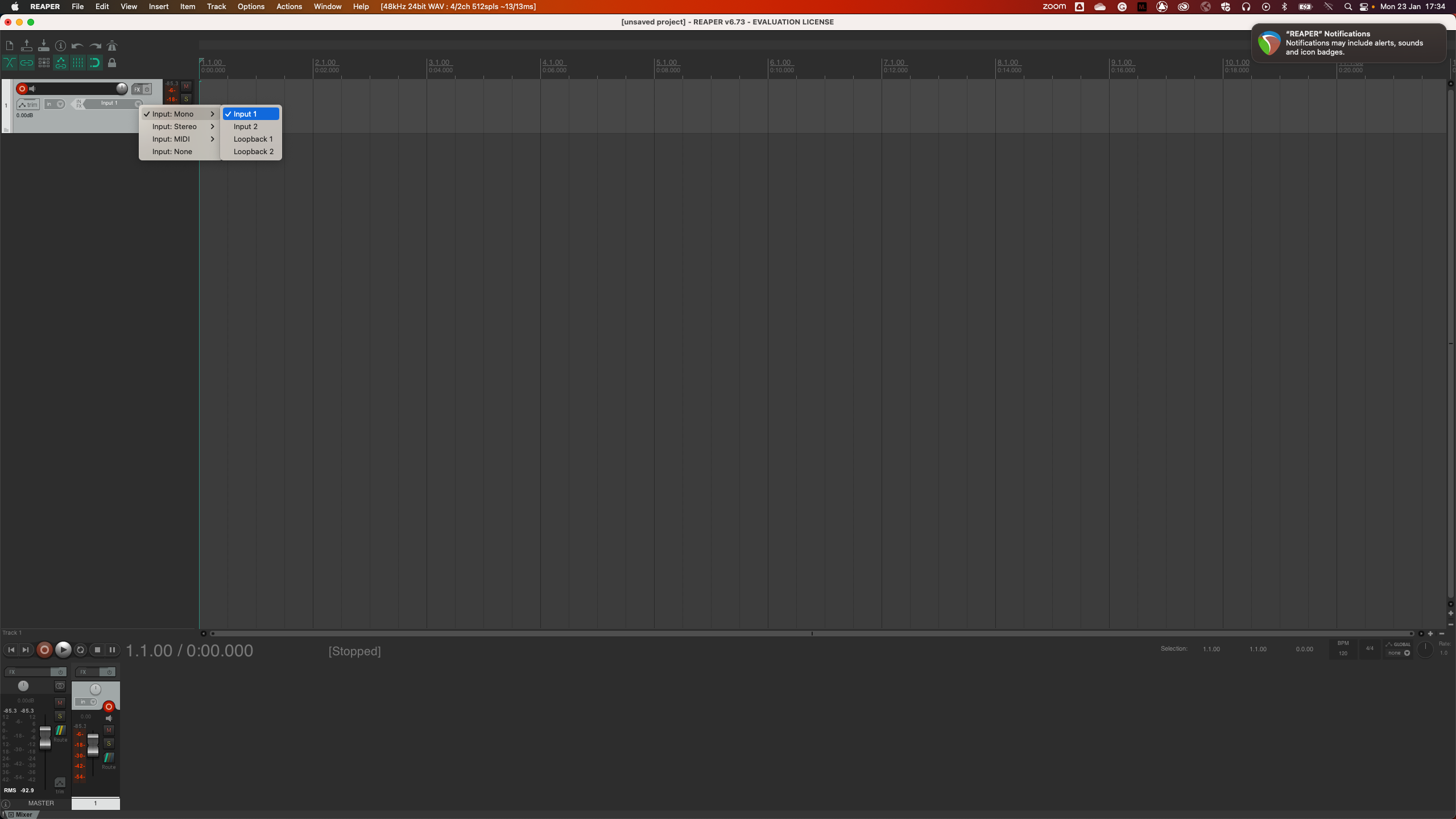 Selecting an input in Reaper using the In dropdown menu.