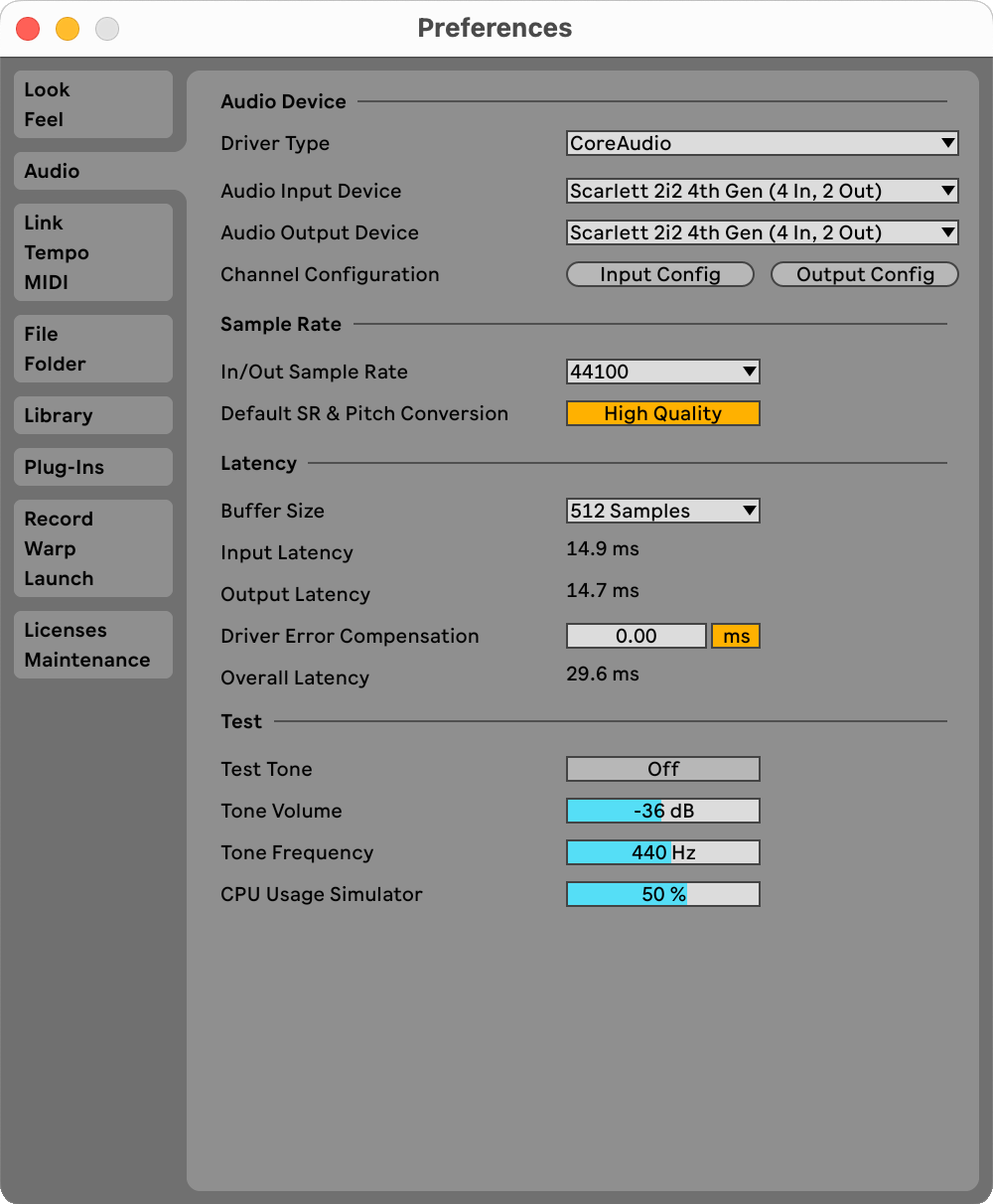 A screenshot of the Ableton preferences page with the Scarlett 2i2 4th Gen selected as the Audio input and Output Device.